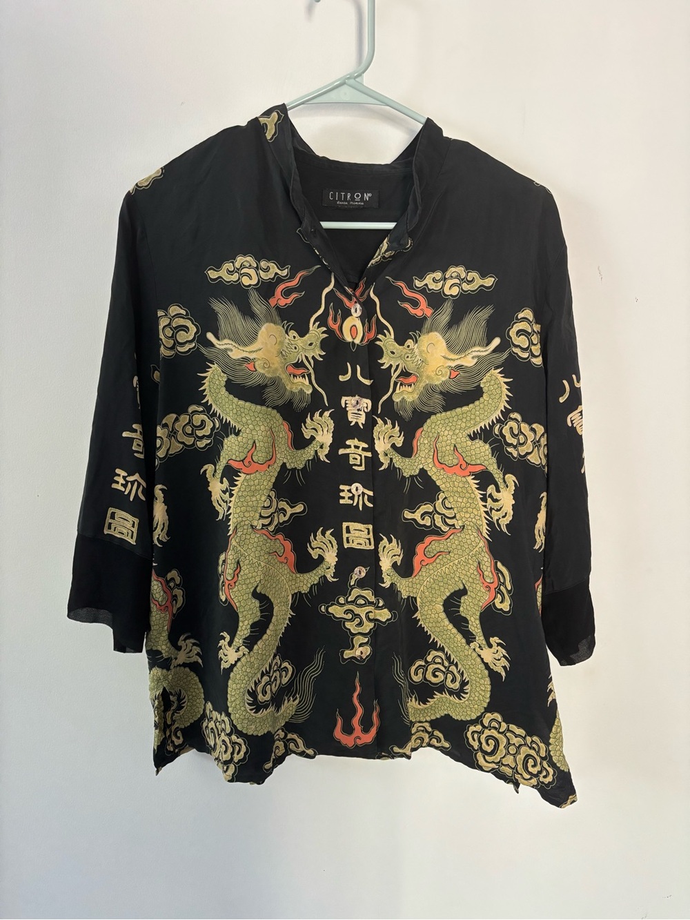 Citron Santa Monica Black silk Shirt with Gold & Red Dragon Motif